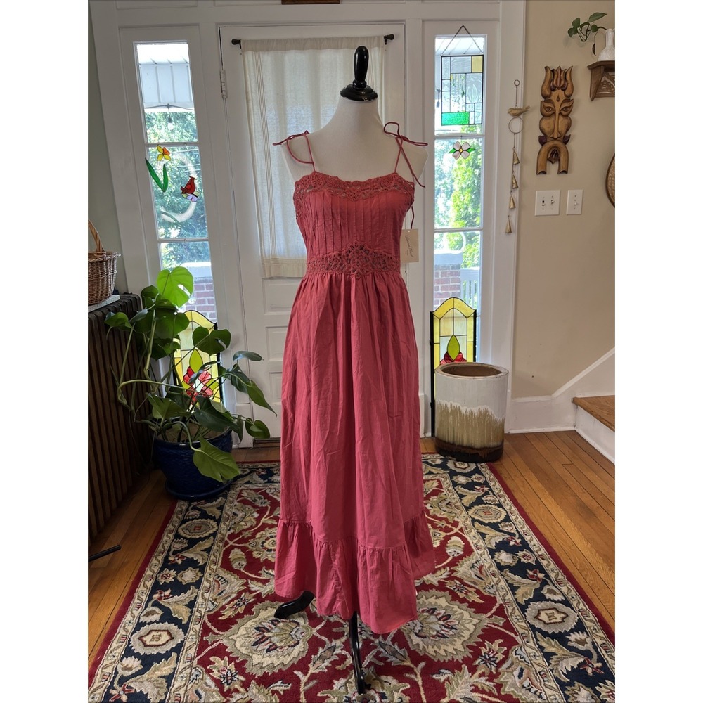 NEW Universal Thread M Pink Boho Maxi Dress Cotton Crochet Tiered Cottage $45